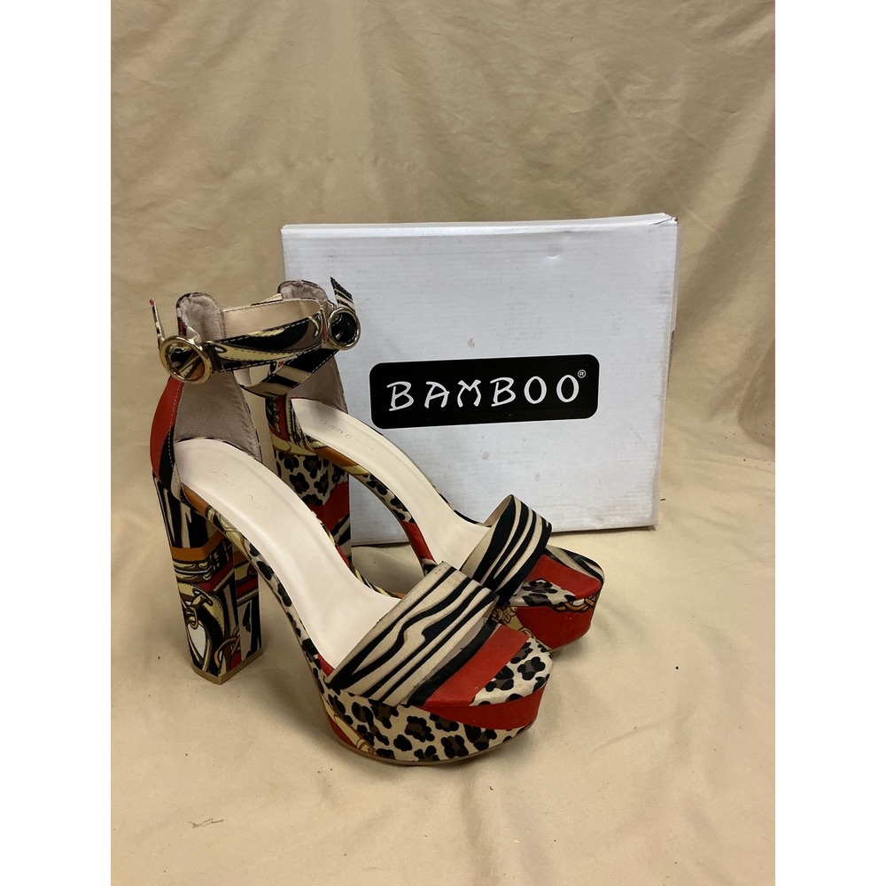 Bamboo Mixed Animal Print Platform Block Heel Sandals Leopard Zebra Scarf Print